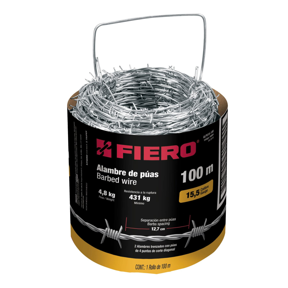 Rollo de alambre de púas 100m calibre 15.5, FIERO ALPU15-100
