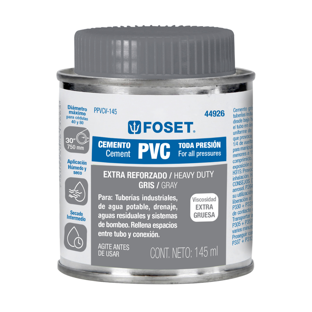 Cemento para PVC, gris, máxima viscosidad, lata 145ml, FOSET PPVCV-145