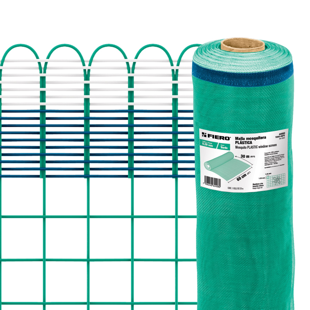 Rollo de 30 m x 0.6 m de malla mosquitera plástica verde TEMO-06PV