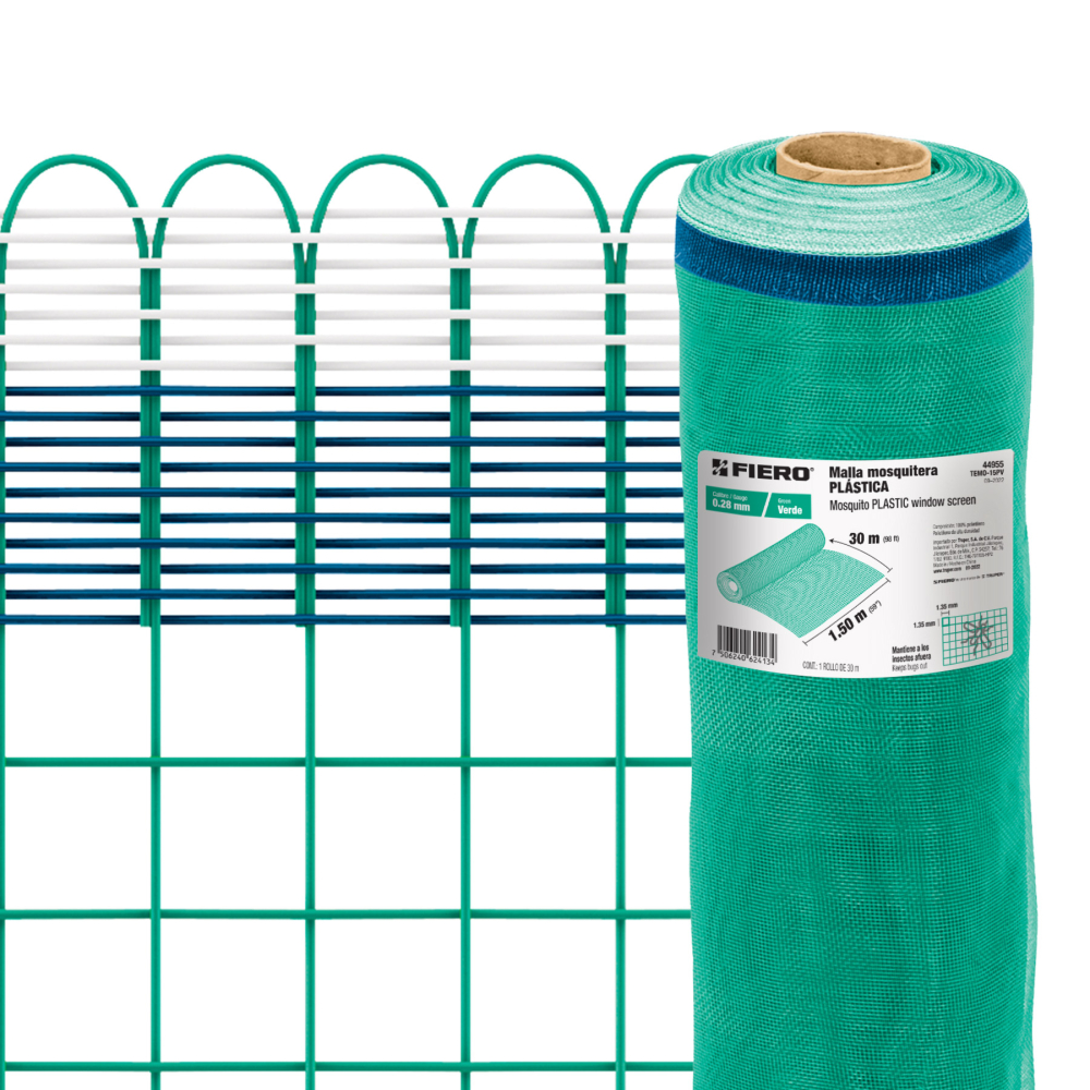 Rollo de 30 m x 1.5 m de malla mosquitera plástica verde TEMO-15PV