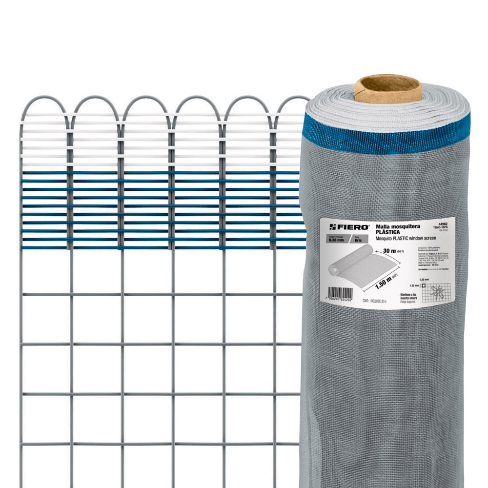 Rollo de 30 m x 1.5 m de malla mosquitera plástica gris TEMO-15PG