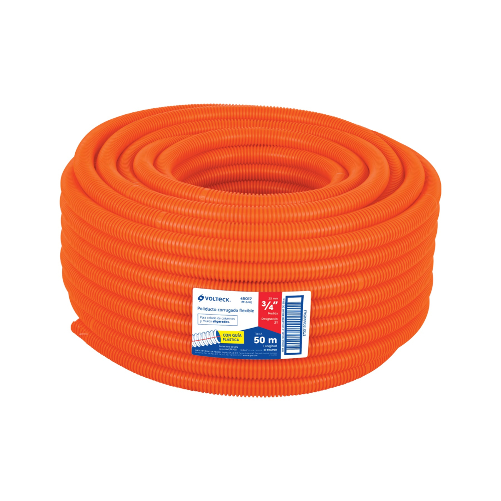 Metro de poliducto 3/4' corrugado flex. c/guía, rollo 50 m PF-3/4G