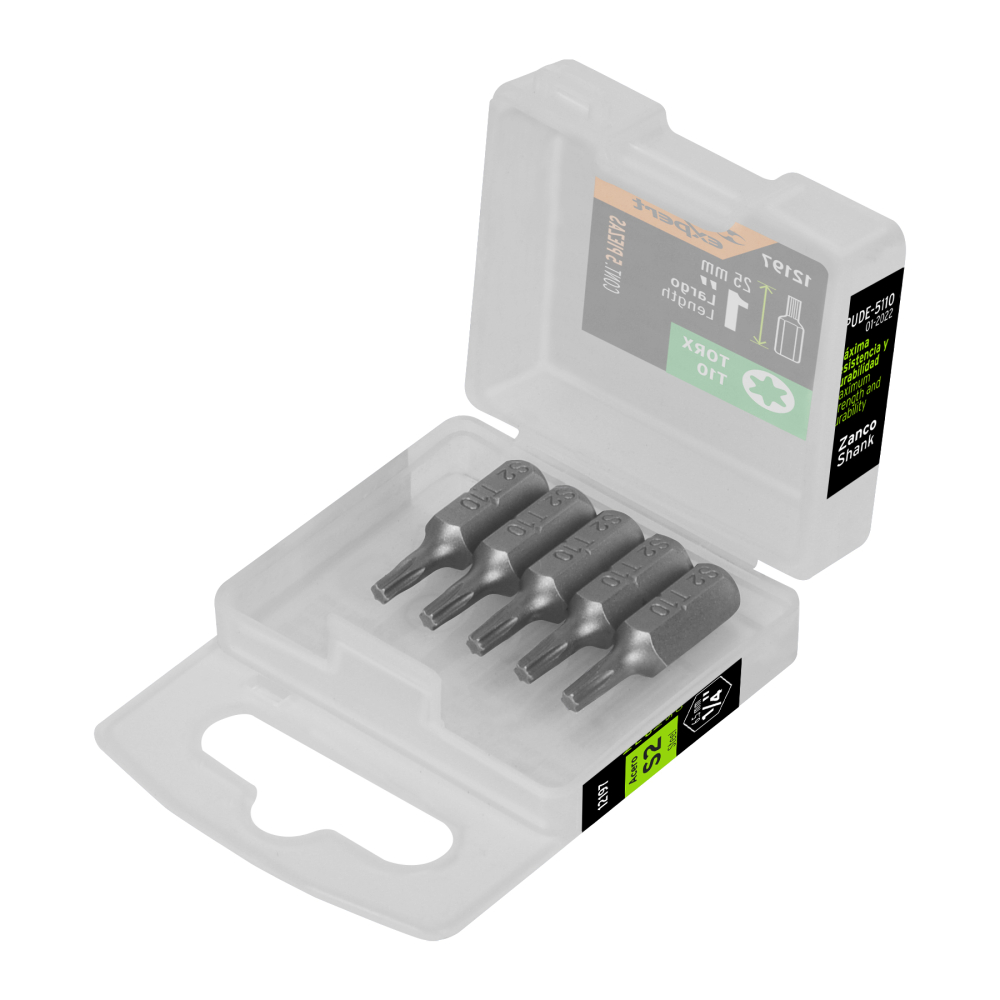 Estuche con 5 puntas torx T10 largo 1', Truper Expert PUDE-5110