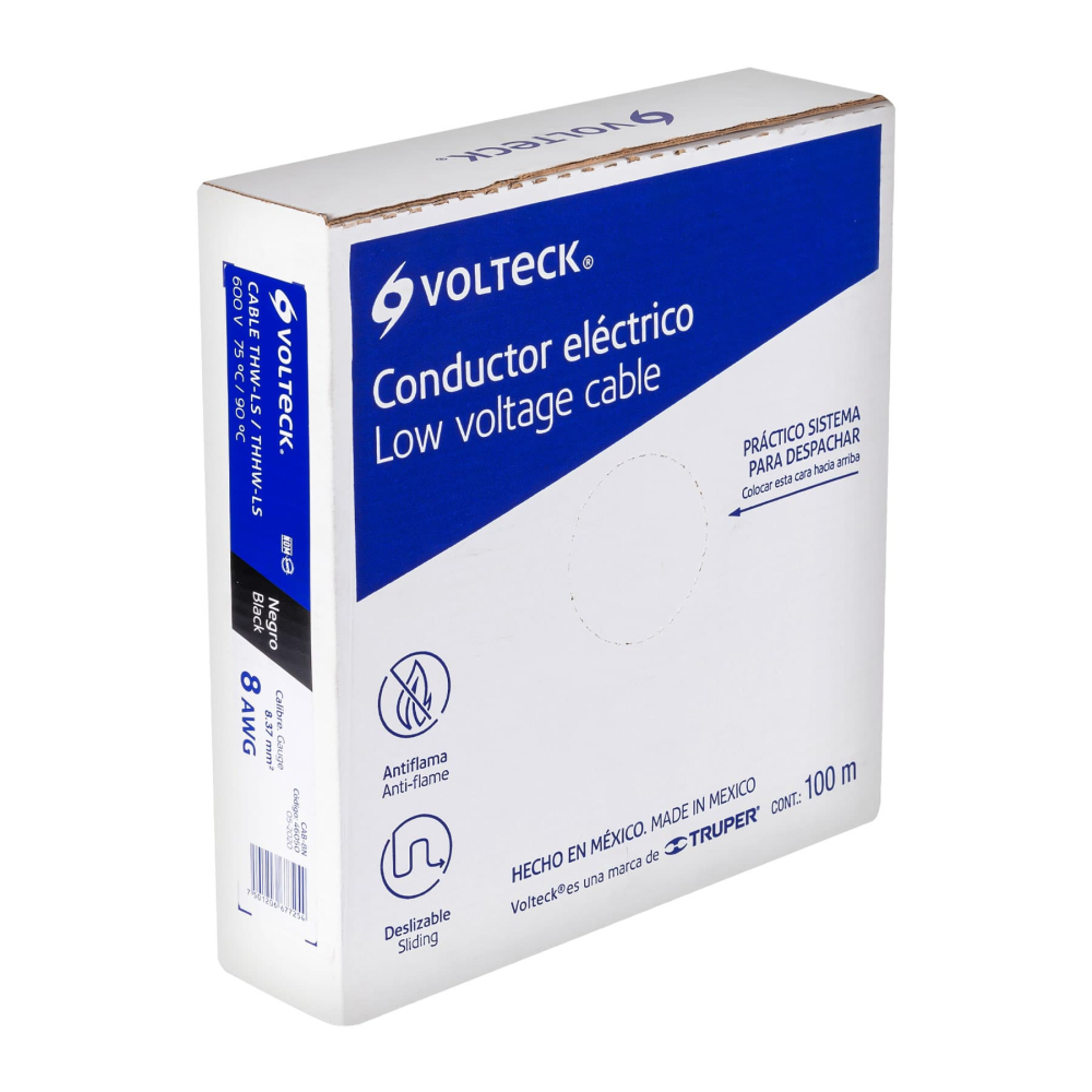 Rollo de 100 m de cable THHW-LS 8 AWG negro, VOLTECK CAB-8N