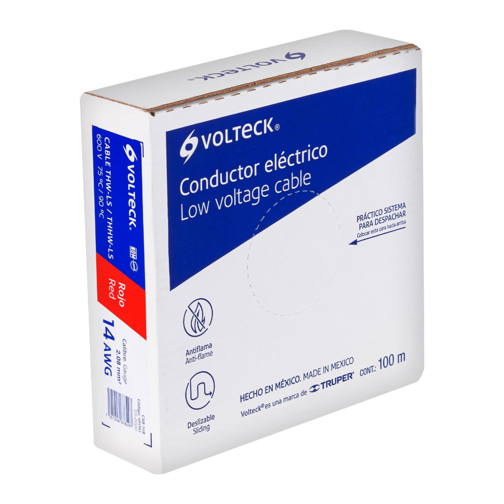 Rollo de 100 m de cable THHW-LS 14 AWG rojo, Volteck CAB-14R