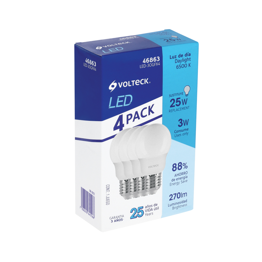 Pack 4 focos LED 3W (25W) G45, 6500K blanca fría, 270 lm LED-30GFX4