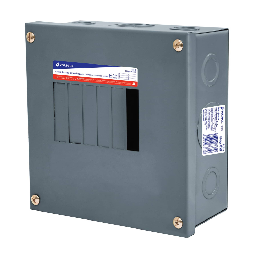 Centro de carga metálico 6 polos 100A de sobreponer, VOLTECK CCS-6