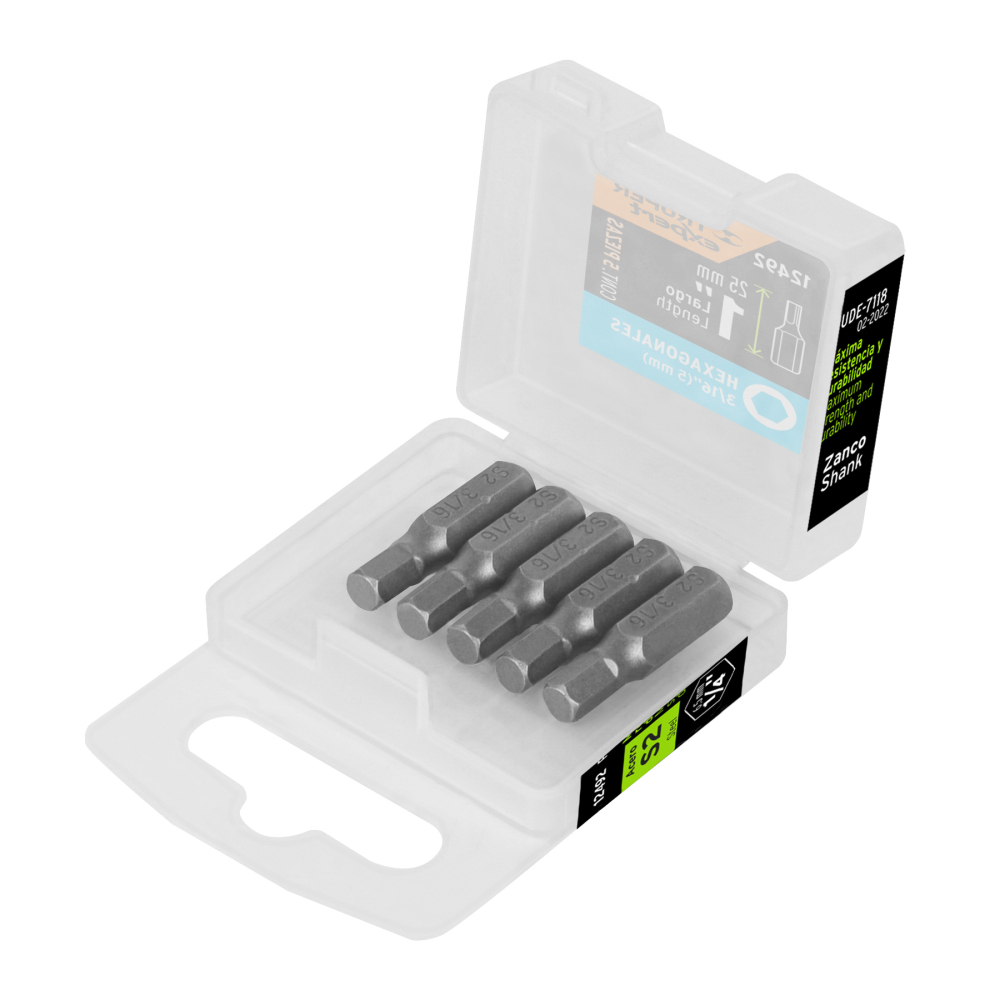 Estuche con 5 puntas hexagonales de 3/16mm largo 1', EXPERT PUDE-7118