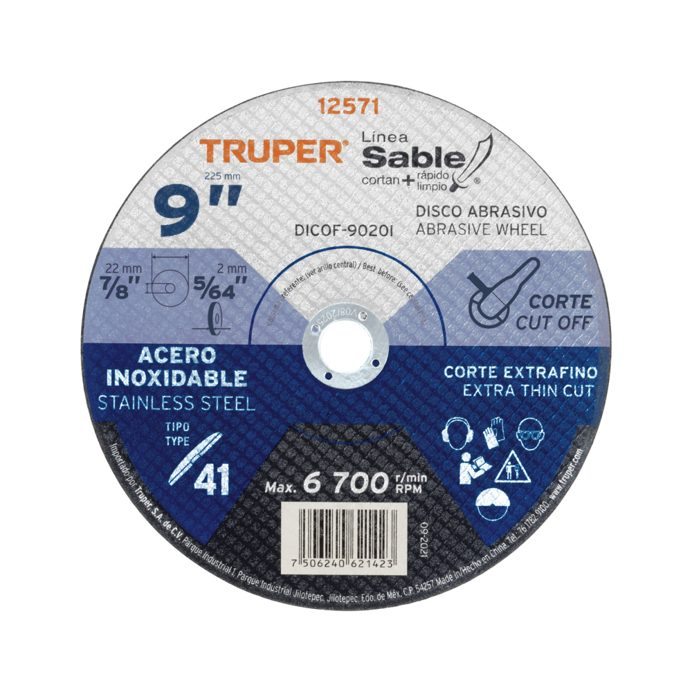 Disco abrasivo de corte preciso acero inox 9' x 2 mm, TRUPER DICOF-9020I