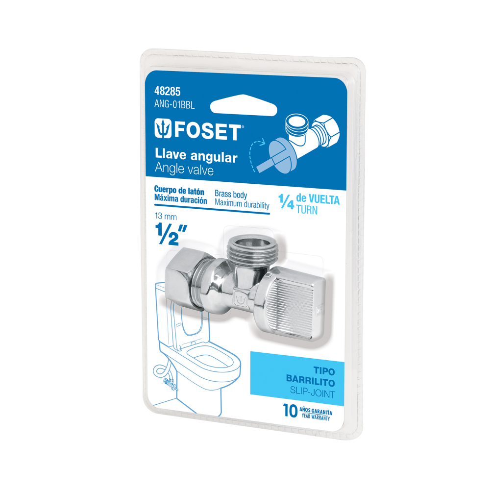 Llave angular 1/2', 1/4 de vuelta, barrilito, blíster, FOSET ANG-01BBL