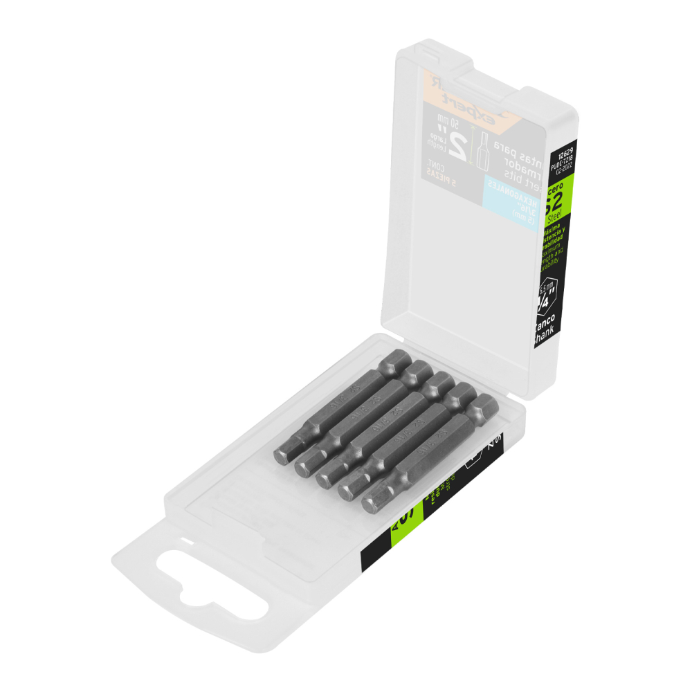 Estuche con 5 puntas hexagonales de 3/16mm largo 2', EXPERT PUDE-7218