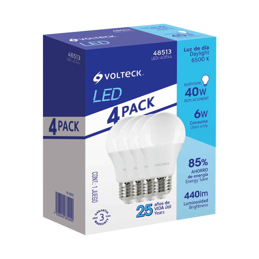 Pack 4 focos LED 6W (40W) A19, 6500K blanca fría, 440 lm LED-40FX4