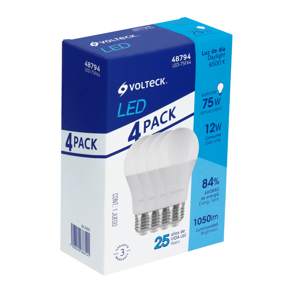Pack 4 focos LED 12W (75W) A19, 6500K blanca fría, 1050 lm LED-75FX4