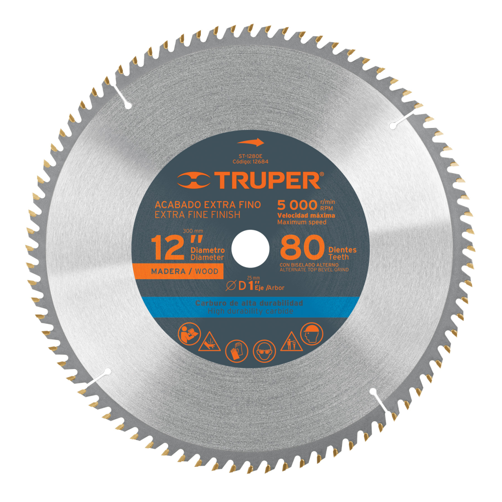 Disco sierra 12' para madera, 80 dientes centro 1', TRUPER ST-1280E