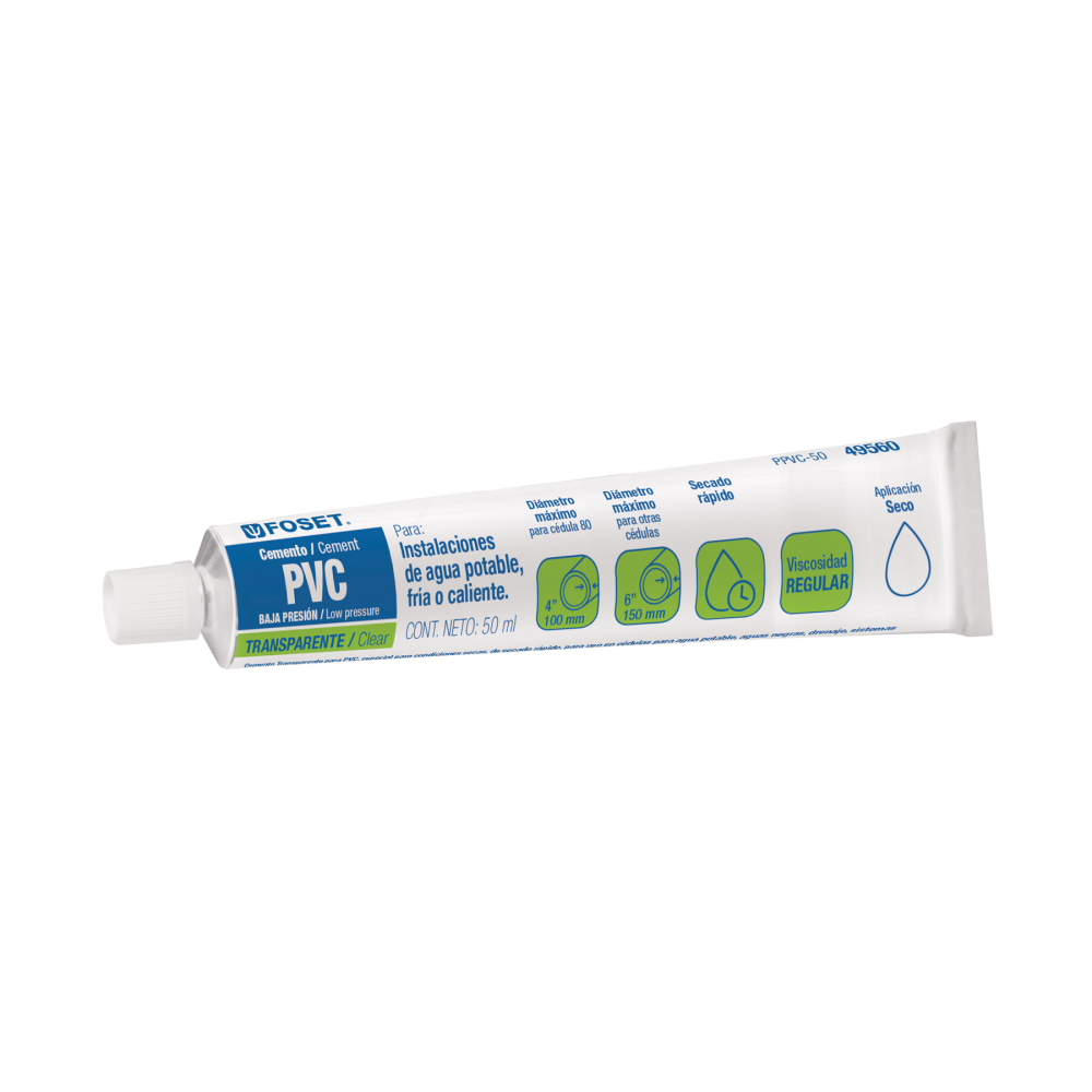 Cemento p/PVC, transparente, baja presión, tubo 50ml, FOSET PPVC-50