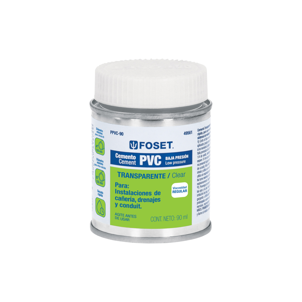 Cemento p/PVC, transparente, baja presión, lata 90ml, FOSET PPVC-90