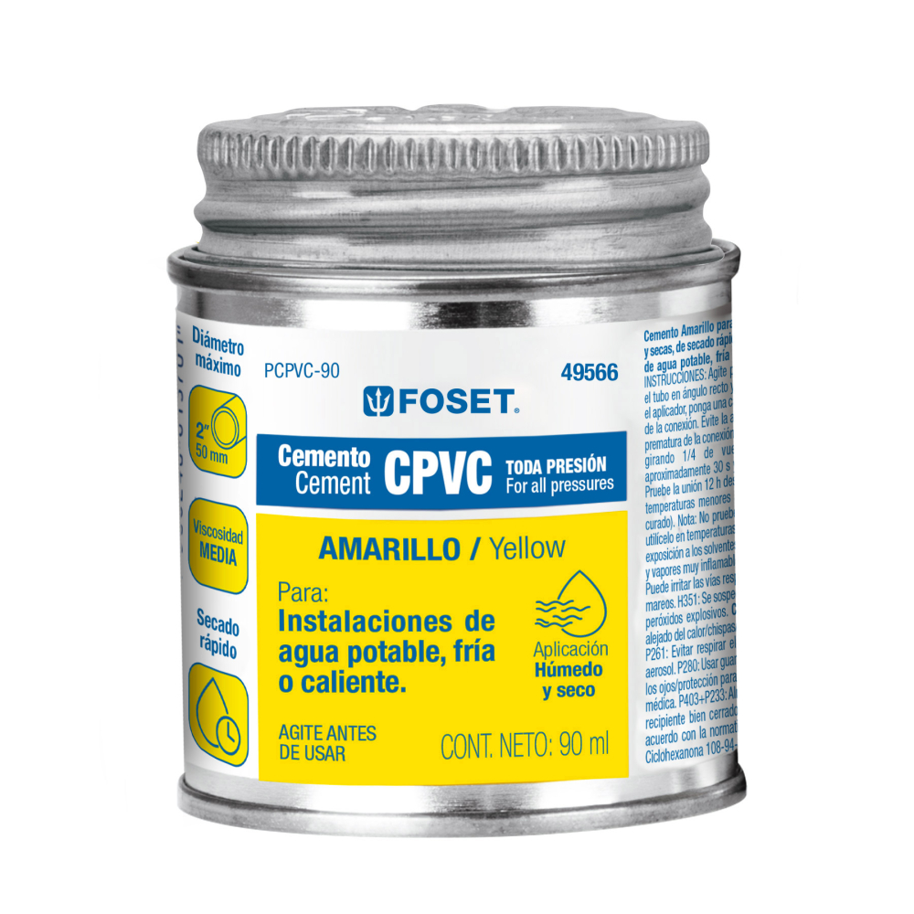Cemento p/CPVC, amarillo, toda presión, lata 90ml, FOSET PCPVC-90