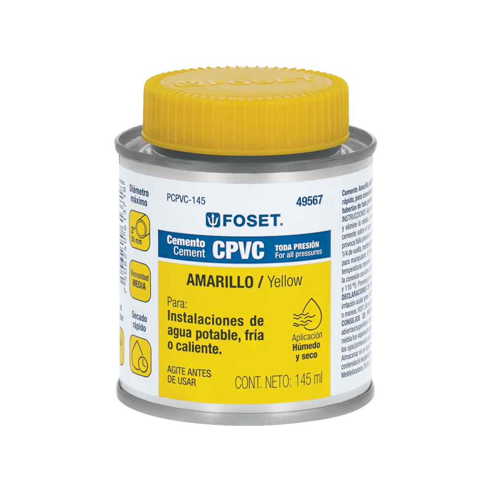Cemento p/CPVC, amarillo, toda presión, lata 145ml, FOSET PCPVC-145