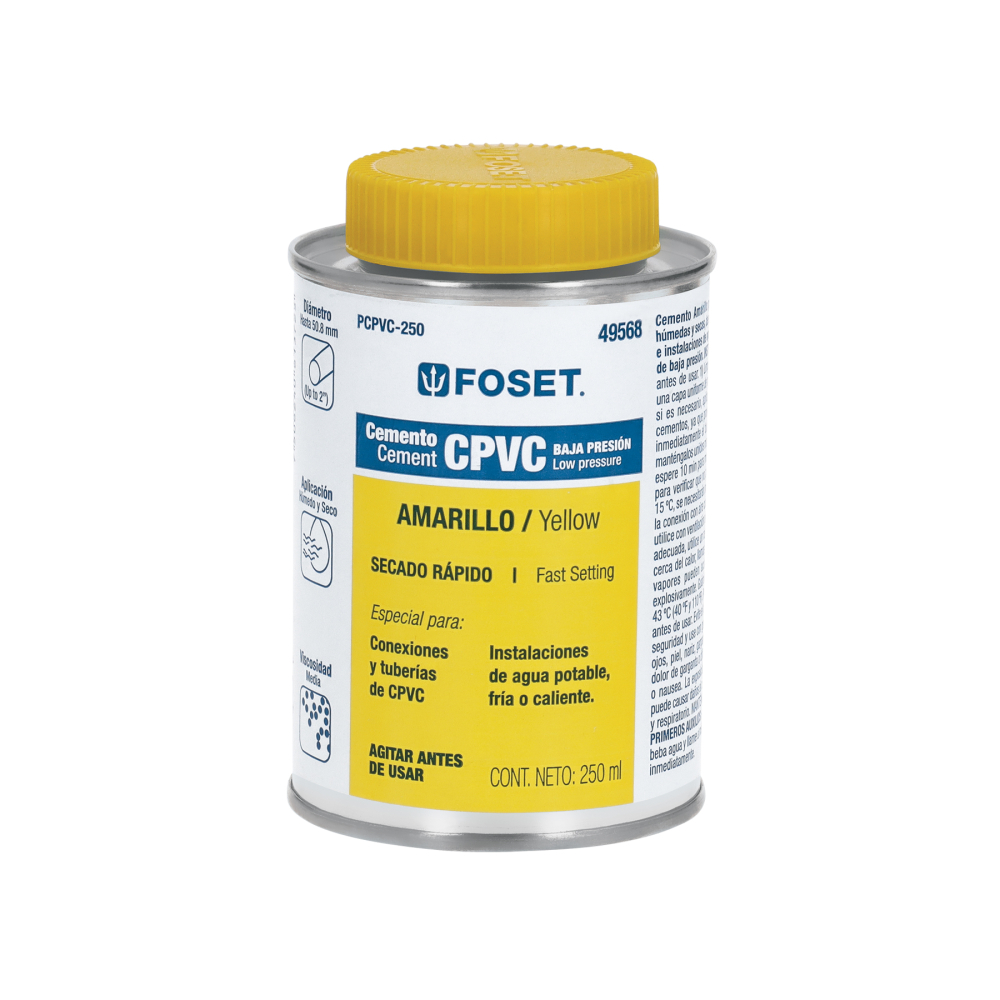 Cemento p/CPVC, amarillo, toda presión, lata 250ml, FOSET PCPVC-250