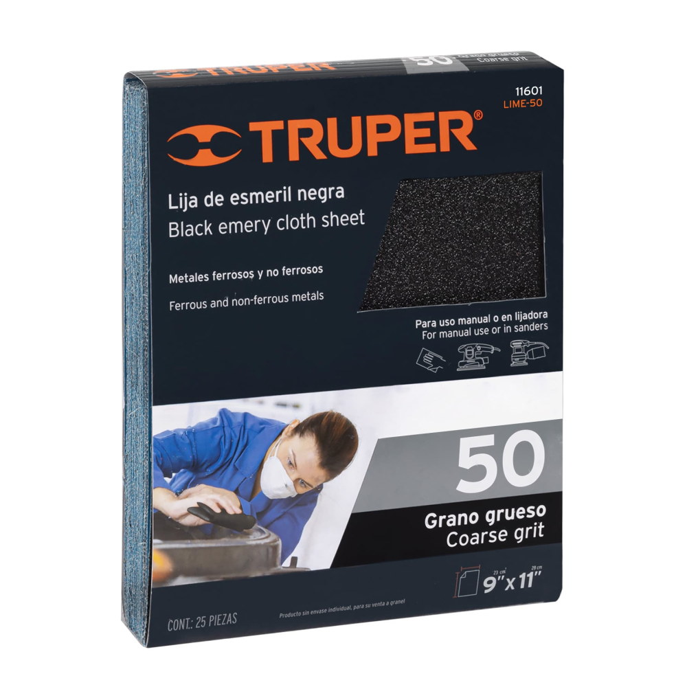Lija de esmeril negra grano 50 de óxido de aluminio, TRUPER LIME-50