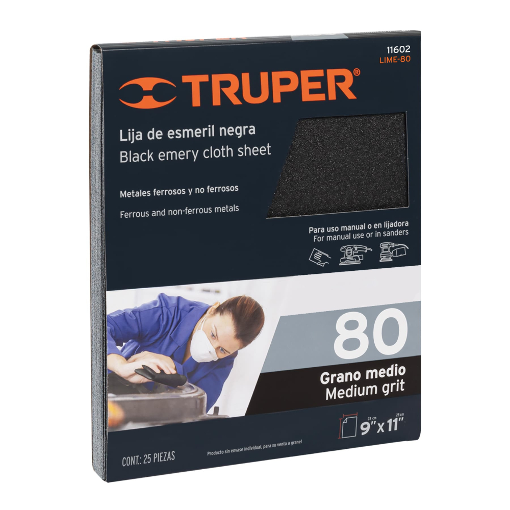 Lija de esmeril negra grano 80 de óxido de aluminio, Truper LIME-80
