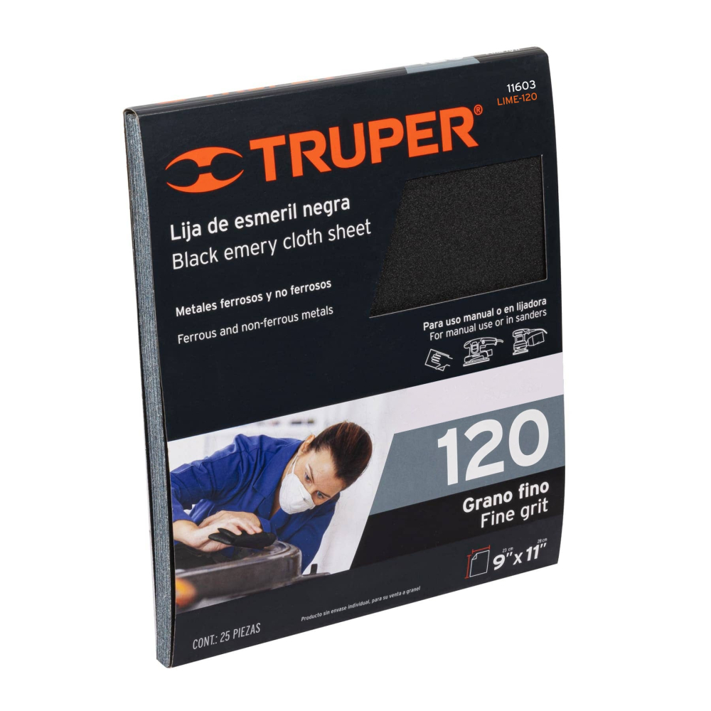 Lija de esmeril negra grano 120 de óxido de aluminio, Truper LIME-120