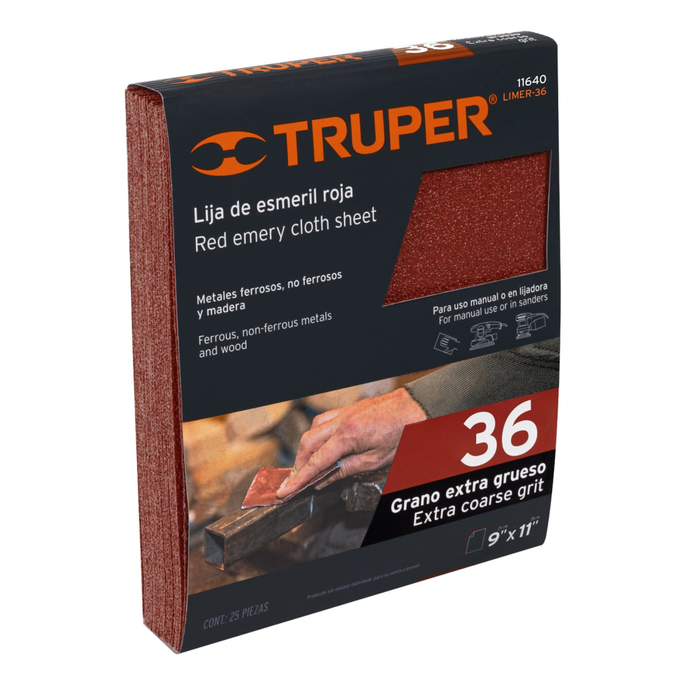 Lija de esmeril roja grano 36 de óxido de aluminio, TRUPER LIMER-36