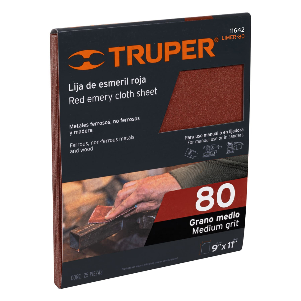 Lija de esmeril roja grano 80 de óxido de aluminio, TRUPER LIMER-80
