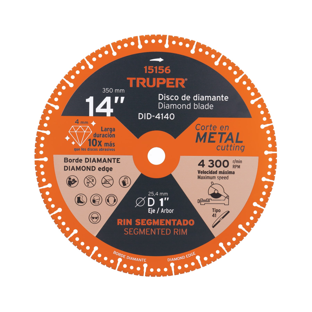 Disco de diamante de 14' x 4 mm, corte de metal, TRUPER DID-4140