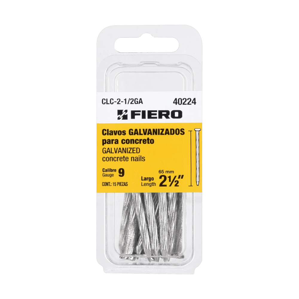 Blíster con 15 clavos galvanizados p/concreto 2-1/2', FIERO CLC-2-1/2GA