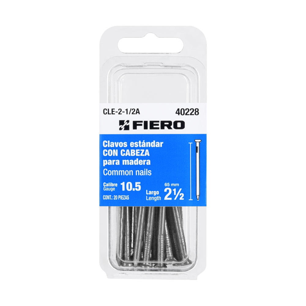 Blíster con 20 clavos estándar 2-1/2' con cabeza, FIERO CLE-2-1/2A