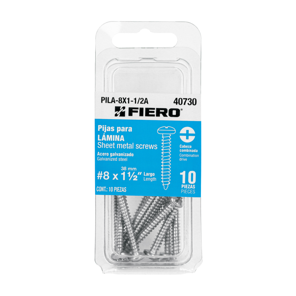 Blíster con 10 pijas para lámina, #8 x 1-1/2', FIERO PILA-8X1-1/2A