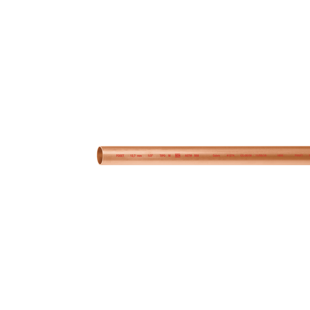Tubo rígido de cobre 1/2' tipo 'M', 3m, 0.9kg, FOSET CC-001M