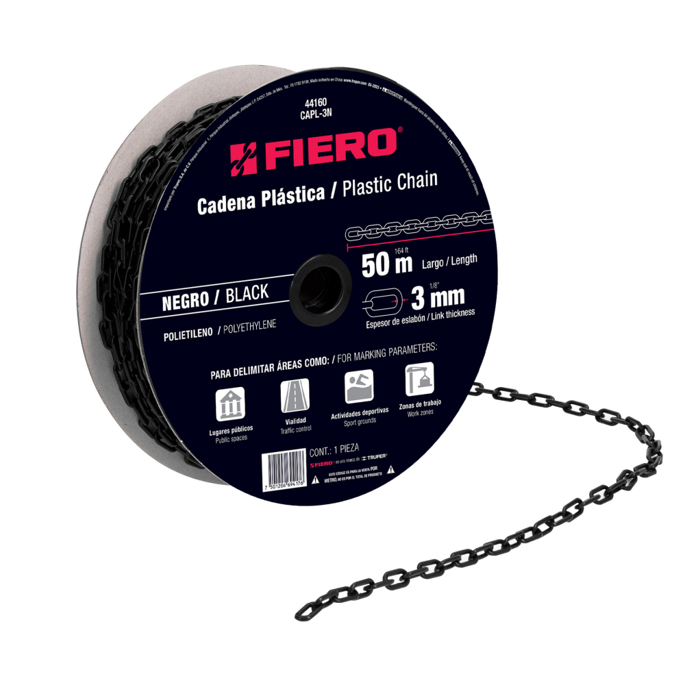 Metro de cadena de 3 mm de plástico negra, carrete de 50 m CAPL-3N