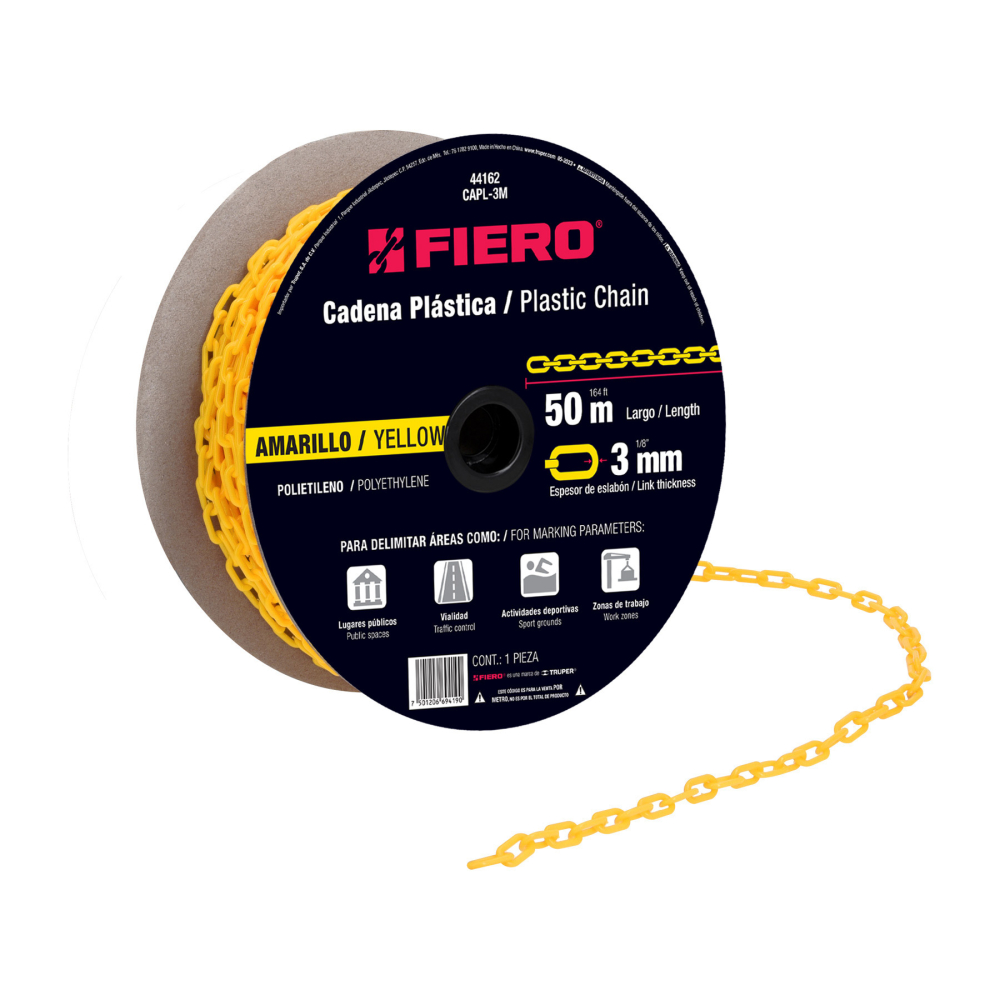 Metro de cadena de 3 mm de plástico amarilla, carrete de 50m CAPL-3M