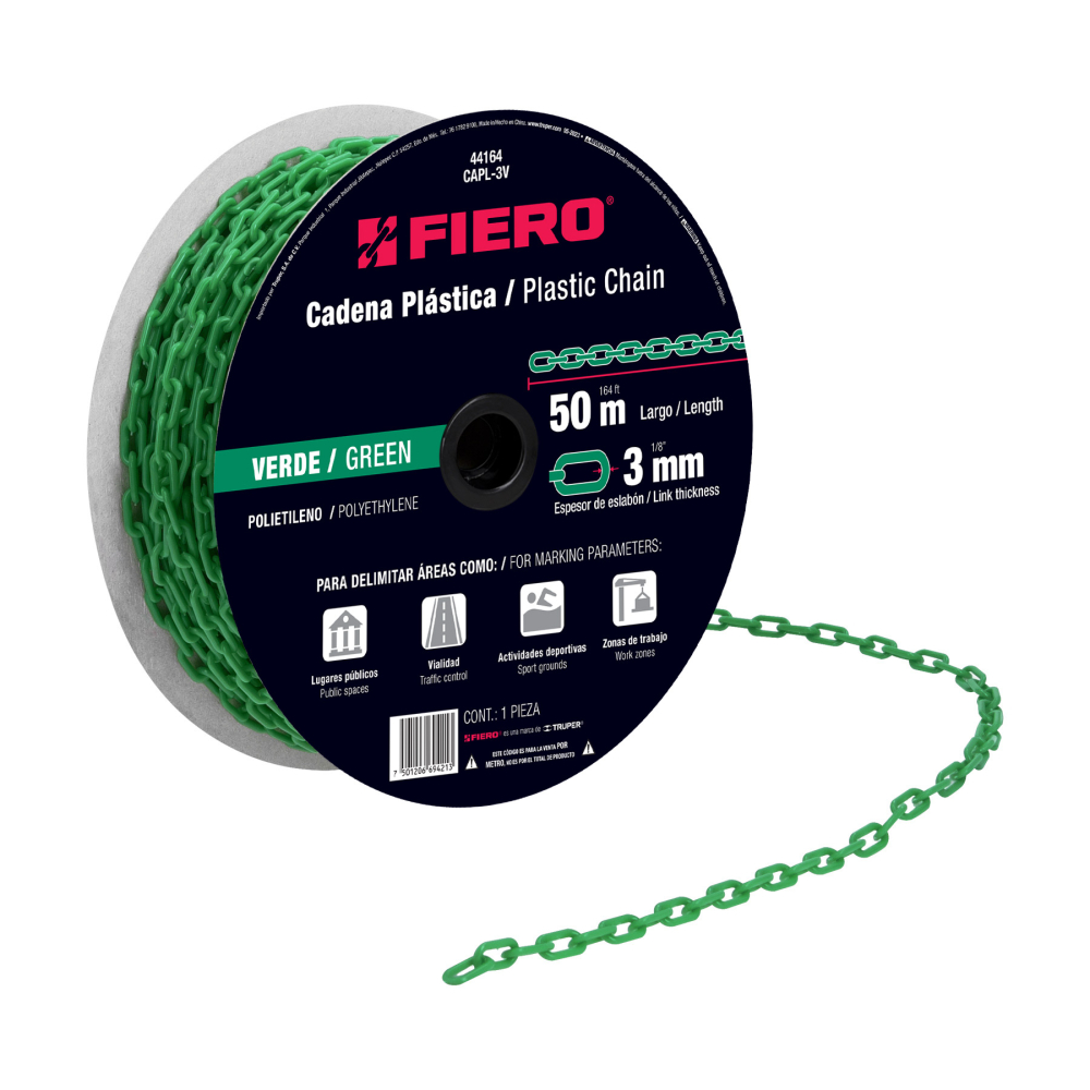 Metro de cadena de 3 mm de plástico verde, carrete de 50 m CAPL-3V