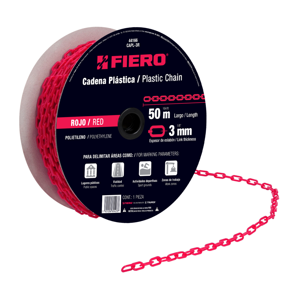 Metro de cadena de 3 mm de plástico roja, carrete de 50 m CAPL-3R