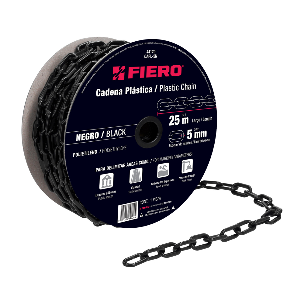 Metro de cadena de 5 mm de plástico negra, carrete de 25 m CAPL-5N
