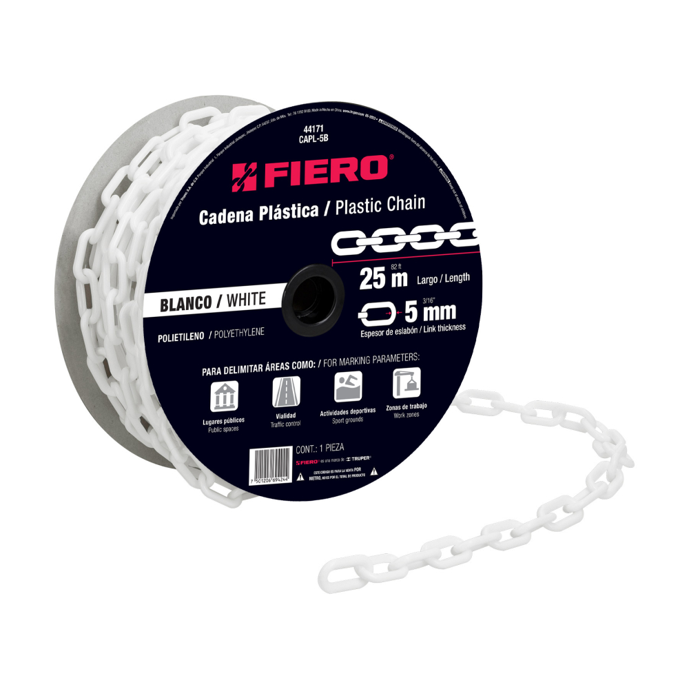 Metro de cadena de 5 mm de plástico blanca, carrete de 25 m CAPL-5B
