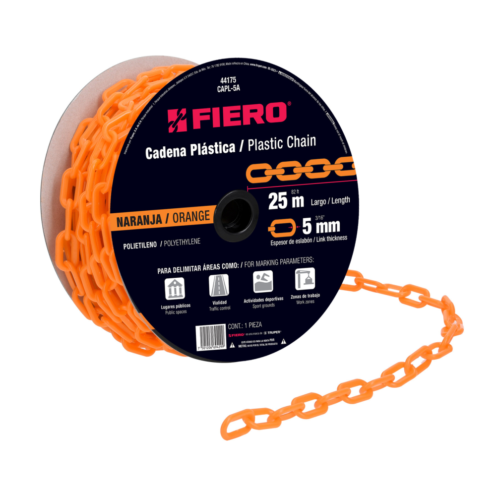 Metro de cadena de 5 mm de plástico naranja, carrete de 25 m CAPL-5A