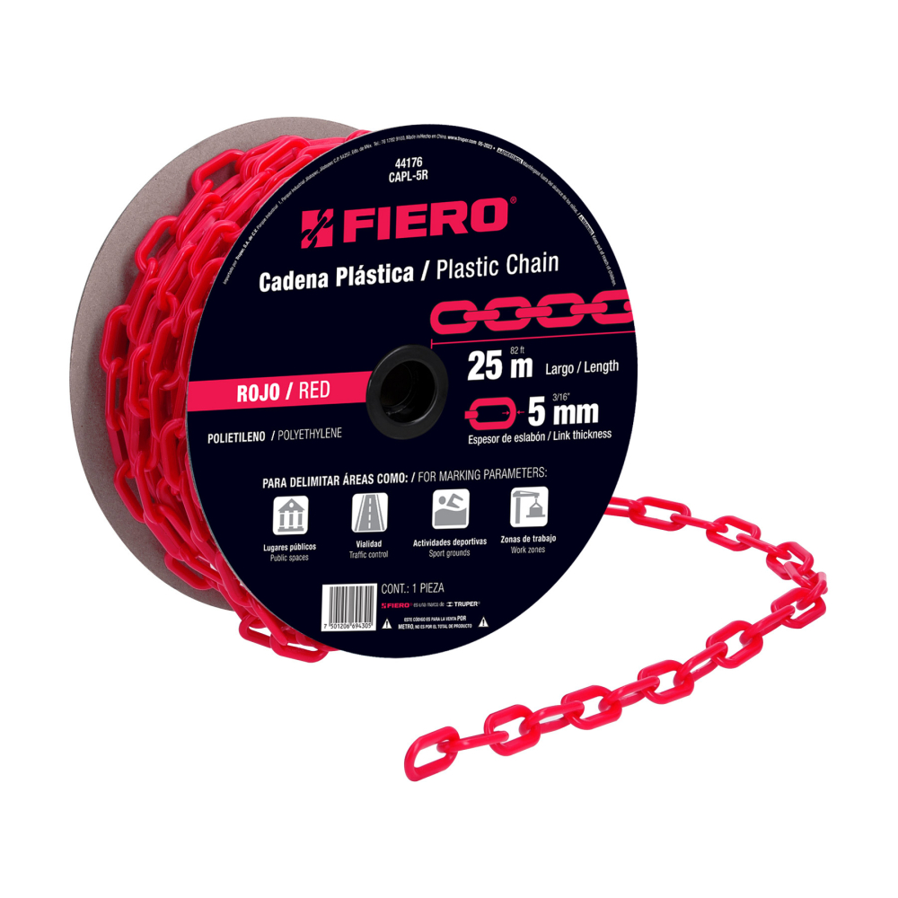 Metro de cadena de 5 mm de plástico roja, carrete de 25 m CAPL-5R