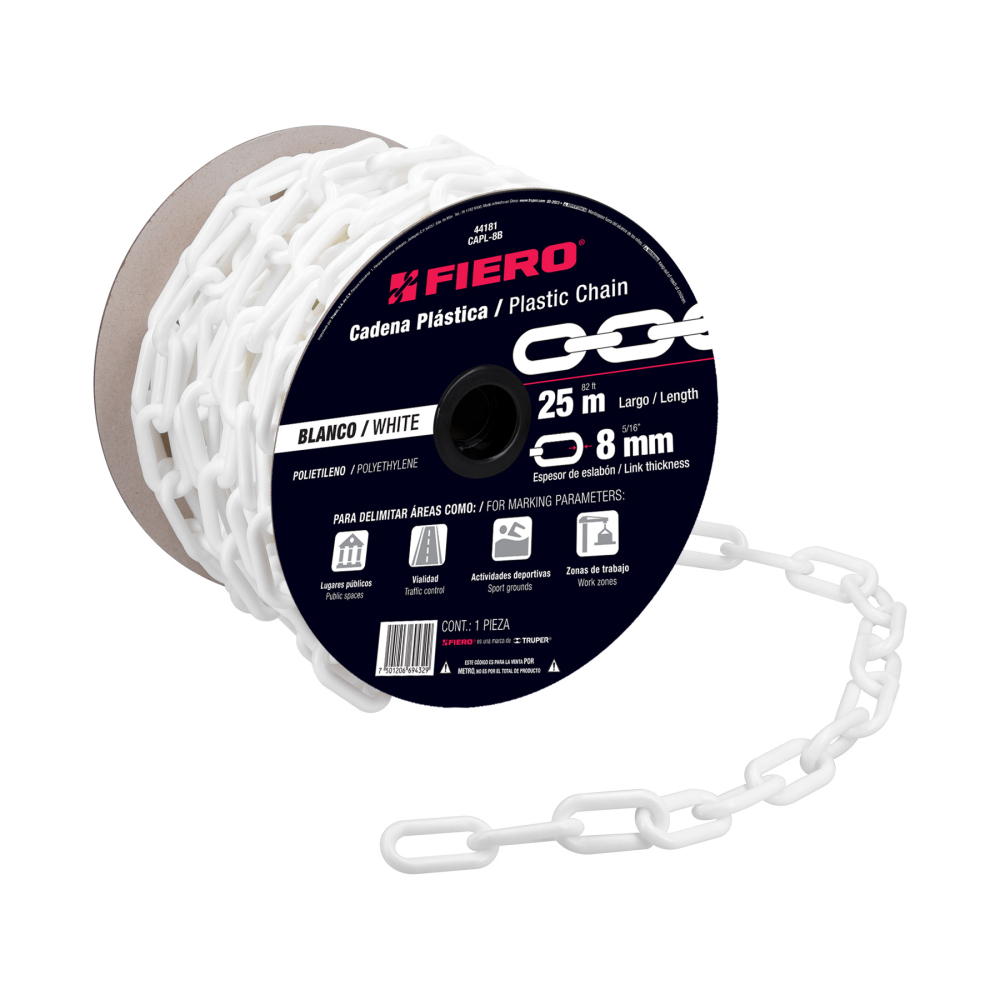 Metro de cadena de 8 mm de plástico blanca, carrete de 25 m CAPL-8B
