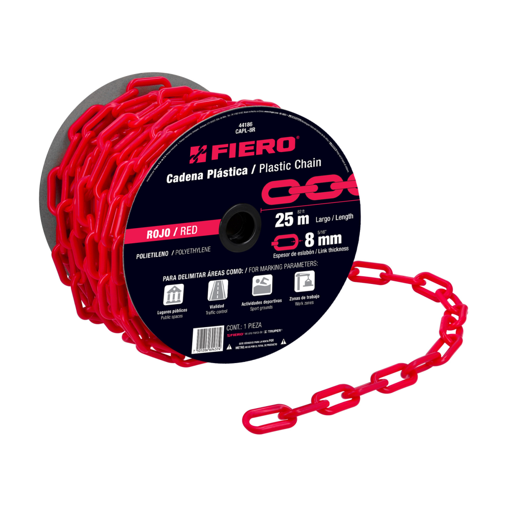 Metro de cadena de 8 mm de plástico roja, carrete de 25 m CAPL-8R