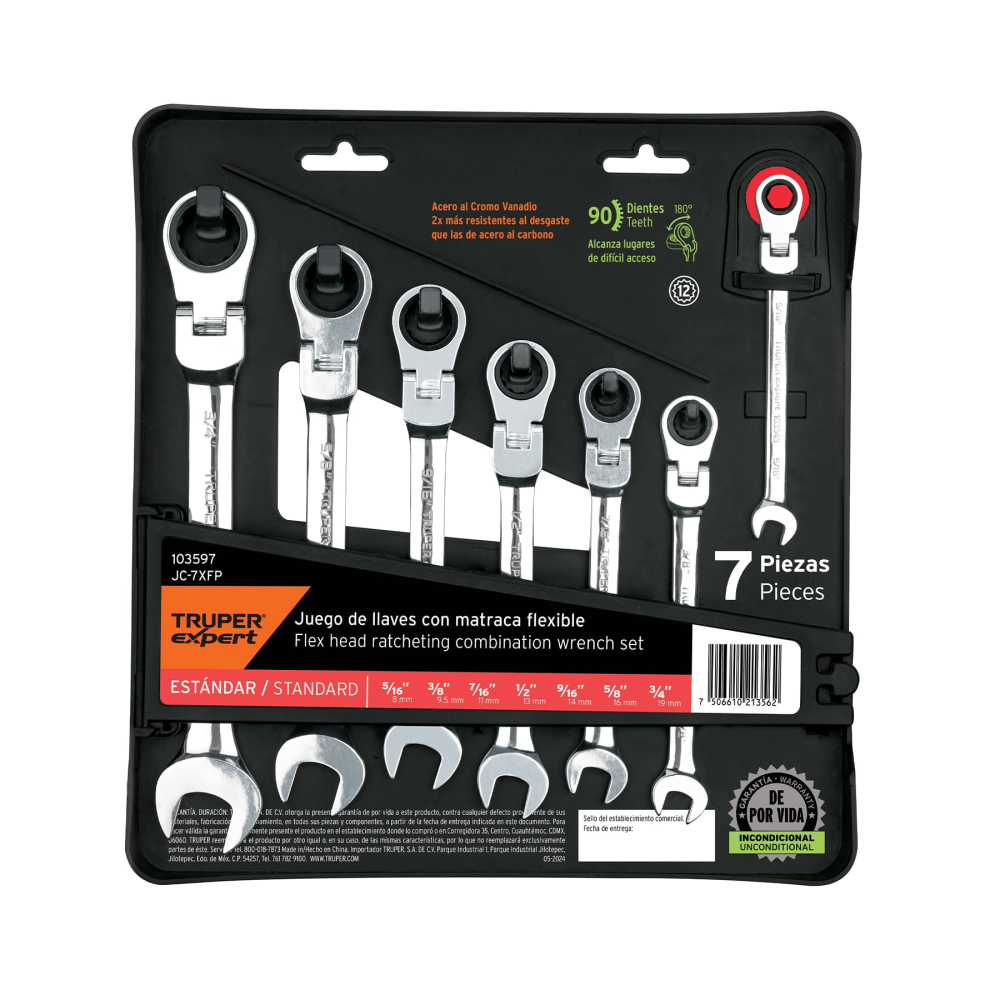 Juego de 7 llaves combinadas std con matraca flexible JC-7XFP