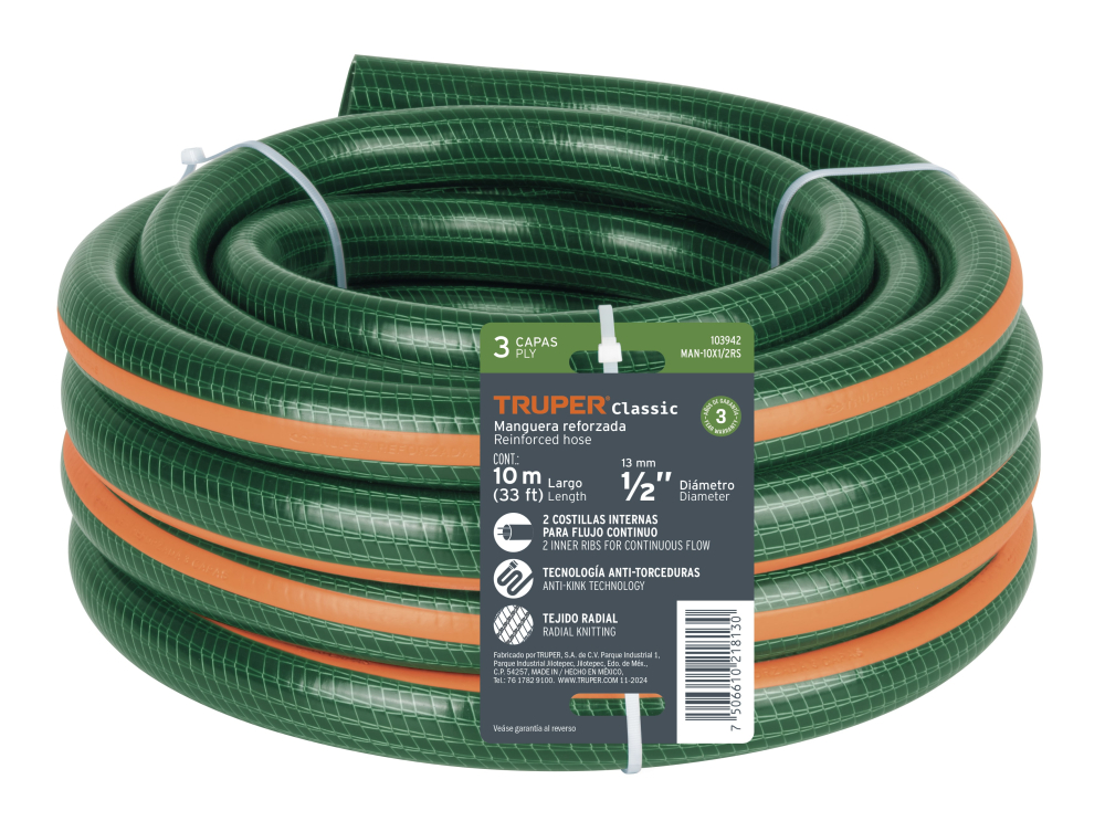 Manguera de jardín 1', 3 capas, 10m, sin conexiones, TRUPER MAN-10X1RS