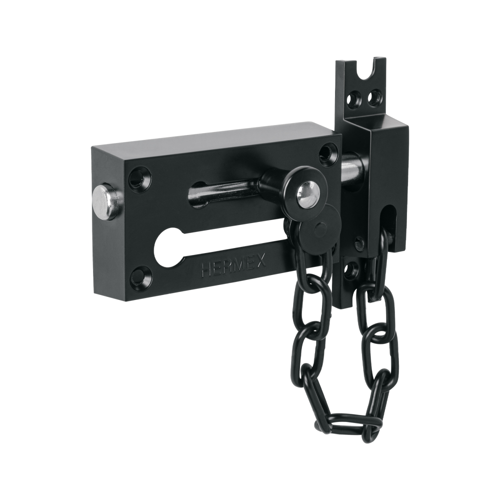 Pasador con cadena para puerta, acabado negro, HERMEX PACA-6