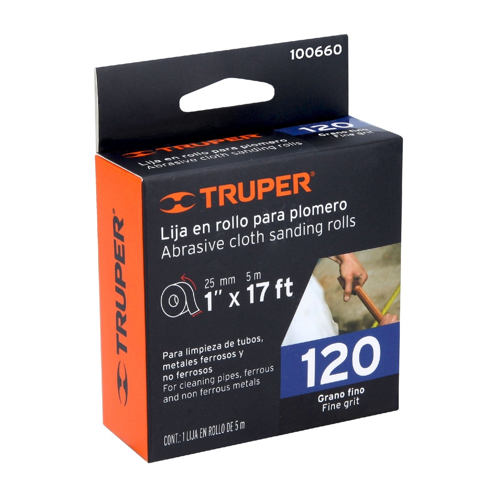 Rollo de 5 m de lija para plomero grano 120 ancho 1', Truper LIPL-120-1X5