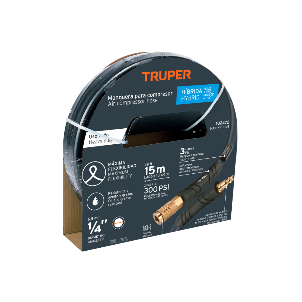 Manguera para compresor, híbrida, 15m x 1/4', Truper MAN-HI-15-1/4