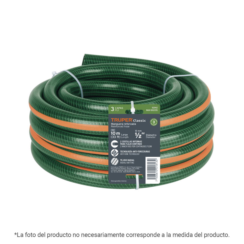 Manguera de jardín 3/4', 3 capas, 6m, sin conexiones, TRUPER MAN-06X3/4RS