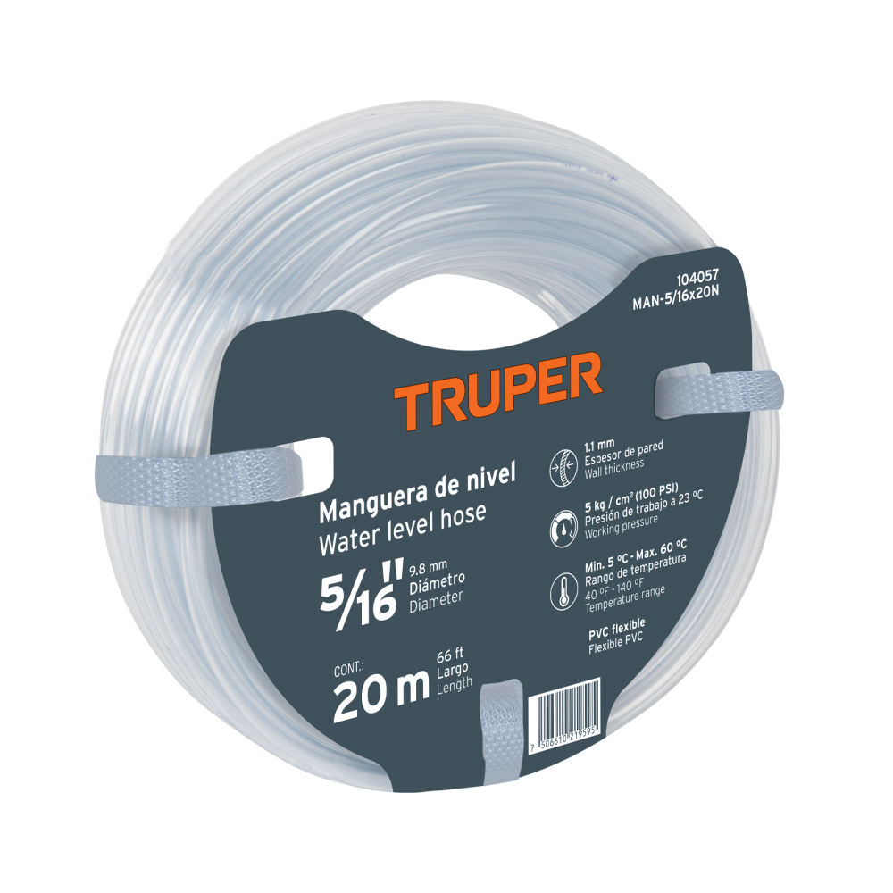 Manguera de Nivel, 5/16', rollo de 20m, TRUPER MAN-5/16X20N
